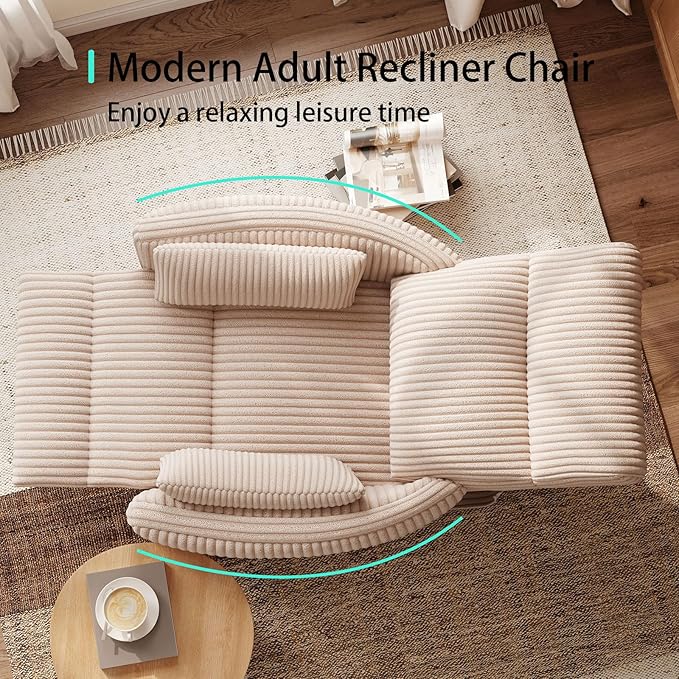 LINSY 360 Swivel Recliner Chair: Corduroy Rocking Chair Nursery Glider Chairs with 2 Pillows Comfy High Back Adult Recliner for Small Spaces, Living Room Bedroom Nursery Reclining Chairs, Beige