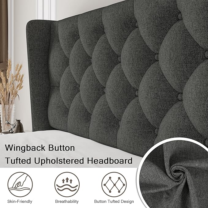 King Size Upholstered Bed Frame with Wingback Headboard, Fabric Linen Platform Bed, 8" Under Bed Storage, Wooden and Metal Slats Support, No Box Spring Needed, Noise Free, Dark Grey