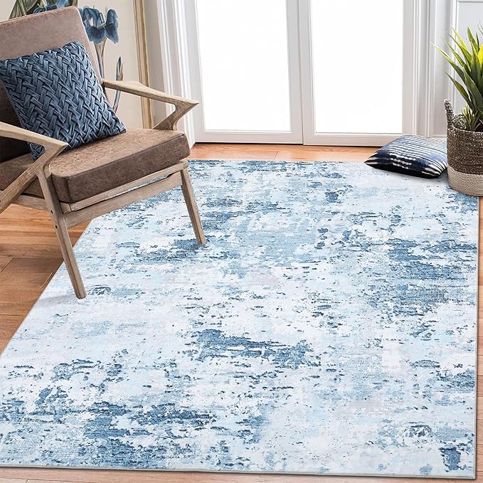 6x9 Modern Abstract Area Rug Non Slip Non Shedding Low Pile Stain Resistant Rug Soft Washable Carpet for Bedroom Living Room, Light Blue