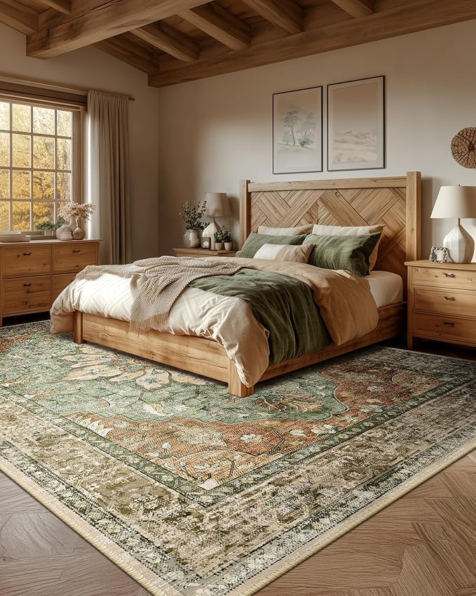 Area Rugs 8'x10' Washable Non-Slip, Floral Vintage Distress Print Pattern Medallion Carpet for Living Room Bedroom Dining Room, Brick Red Rust Neutral Brown Burnt Orange Green