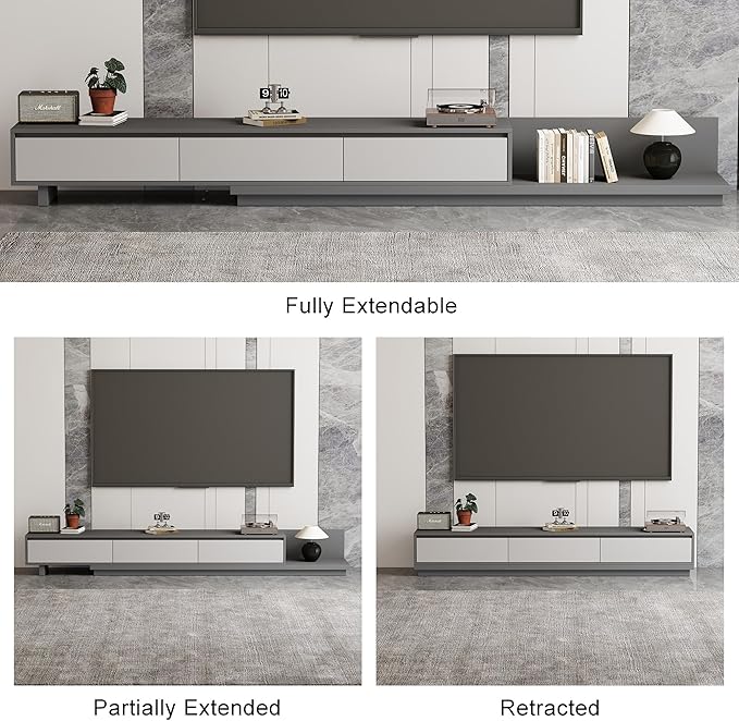 Mid-Century Modern Extendable TV Stand with Ample Storage for Living Room – Adjustable TV Cabinet from 78.7" to 130", 3-Drawer Entertainment Center, Grey