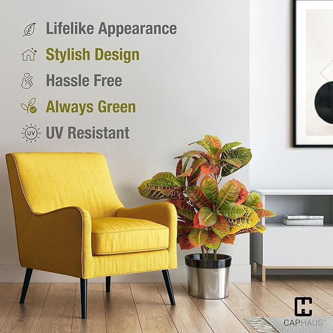 CAPHAUS 36 Inch Artificial Croton Tree Potted Plant - UV Resistant Faux Topiary Plant, Low Maintenance Realistic Indoor Outdoor Decor for Home, Office, Front Porch, Patio