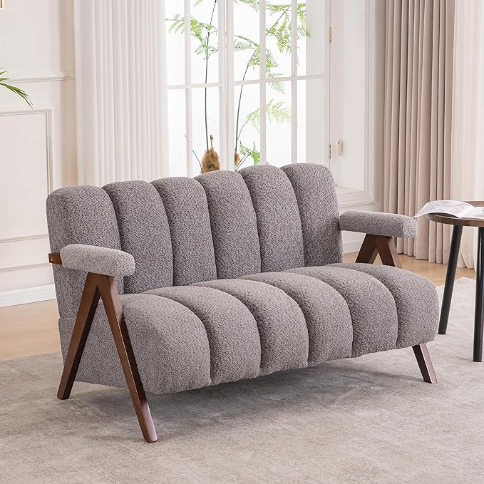 Mid Century Modern Accent Chair Loveseat Sofa with Solid Wood Frame, Boucle Upholstered Living Room Chairs with Thick Cushion, Comfy Tufted Arm Chair for Bedroom, Grey