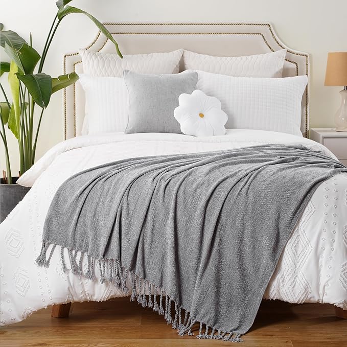 BATTILO HOME Gray Chenille Throw Blanket for Couch, Decorative Soft Knit Throw Blanket with Fringe Tassels, Lightweight Throw Blanket for Home Decor, 50"x60"
