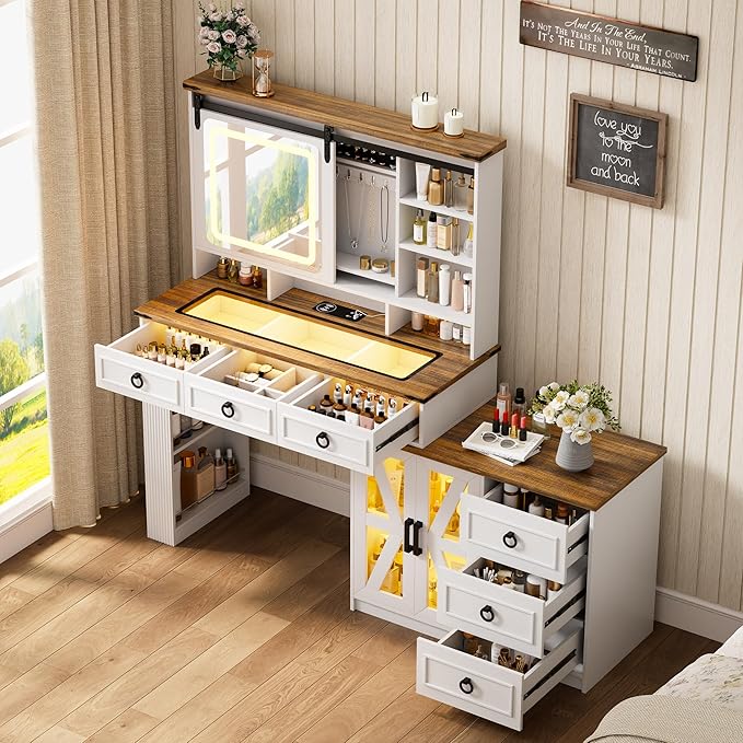 HNEBC Farmhouse Makeup Vanity Desk with Sliding Mirror and Lights,40" W Glass Tabletop Vanity Table with Charger,LED Vanity Set with Jewelry Armoire,6 Drawers,10 Shelves,Adjustable Cabinet