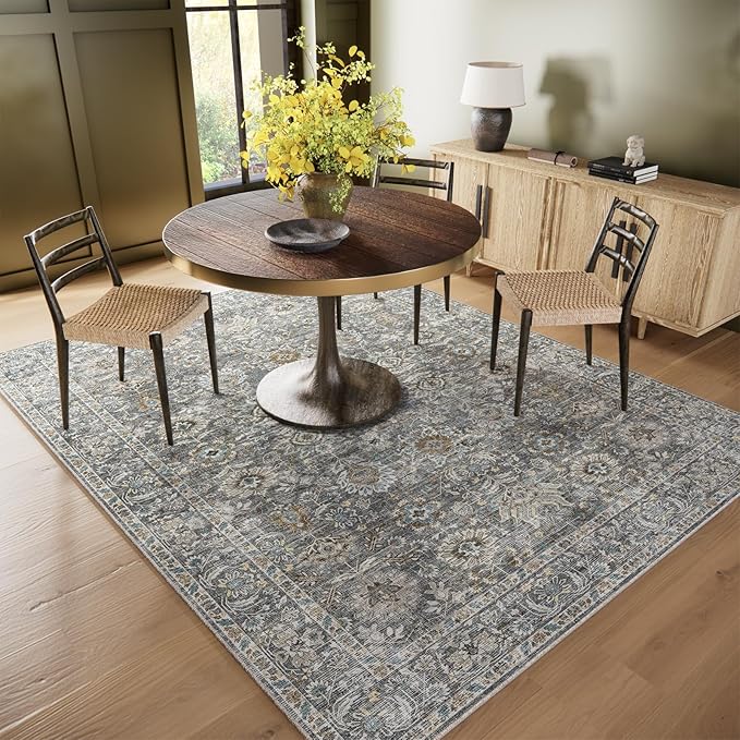 6x9 Washable Rug Vintage Fade Resistant Boho Distressed Non-Slip Indoor Large Carpet Low Pile Lightweight & High-Traffic Safe for Bedroom, Dorm, Playroom - Farmhouse Decor