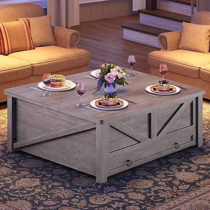 Itaar Wooden Coffee Table, Lift Top Coffee Table with Storage, Square Coffee Tables with Drawers and Hidden Compartment, Center Table for Living Room, Home Office, Grey