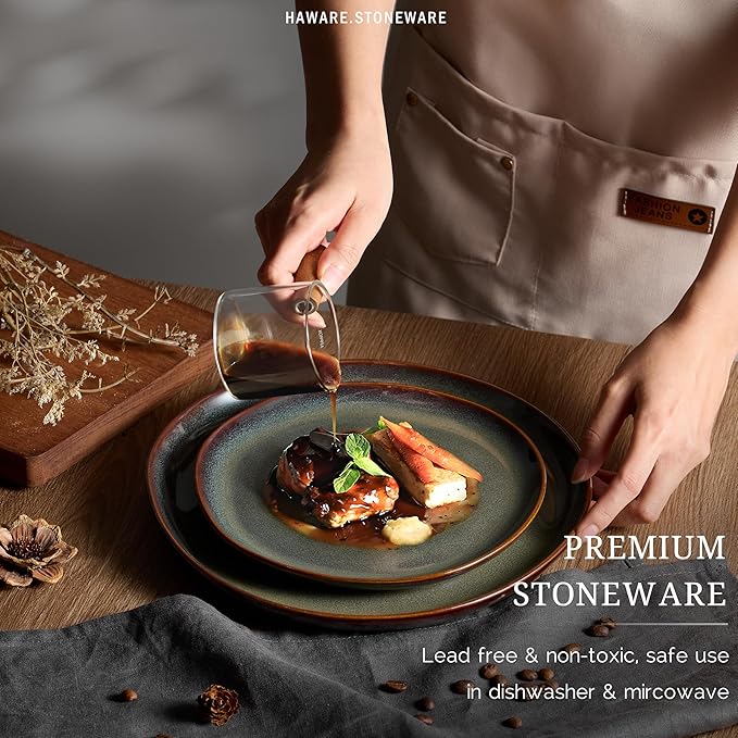 HaWare Dinnerware Sets, 24-Piece Stoneware Plates and Bowls Set, Dish Set for 8, Ceramic Dishware for Home Restaurant, Chip and Scratch Resistant, Microwave and Dishwasher Safe, Reactive Moss Green