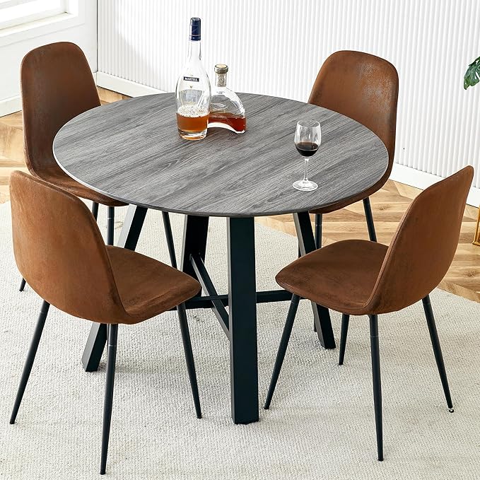 Modern Round Dining Table & Chairs Set for 4, 42" Wood Table with Upholstered Brown PU Leather Chairs for Kitchen, Dining Room & Small Spaces