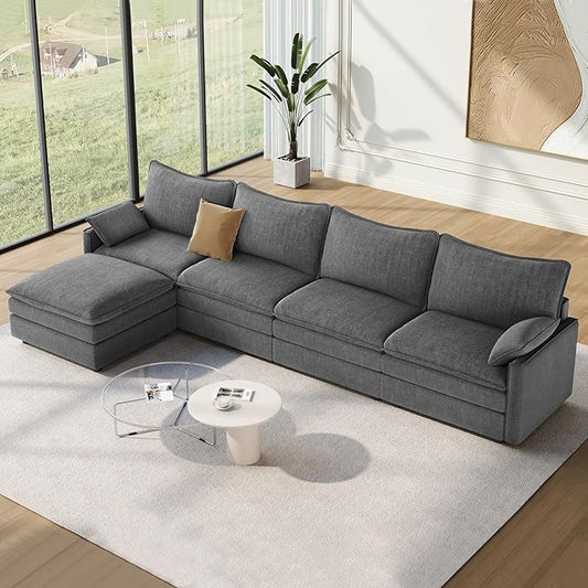 Vesgantti 142" Cloud Couch Sectional Modular Sofa, Comfy Sectional Couch with Ottoman Deep Seat Chenille L Shaped Sofa, Modular Couches for Living Room, Bedroom and Apartment, Gray
