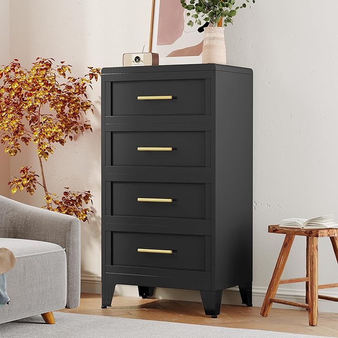 Metal Dresser Tall Narrow Dresser for Bedroom Chest, 44.45" H Drawer Chest, Closet Dressers & Chests of Drawers for Living Room, Hallway (4 Drawers Black 24inch Wide)