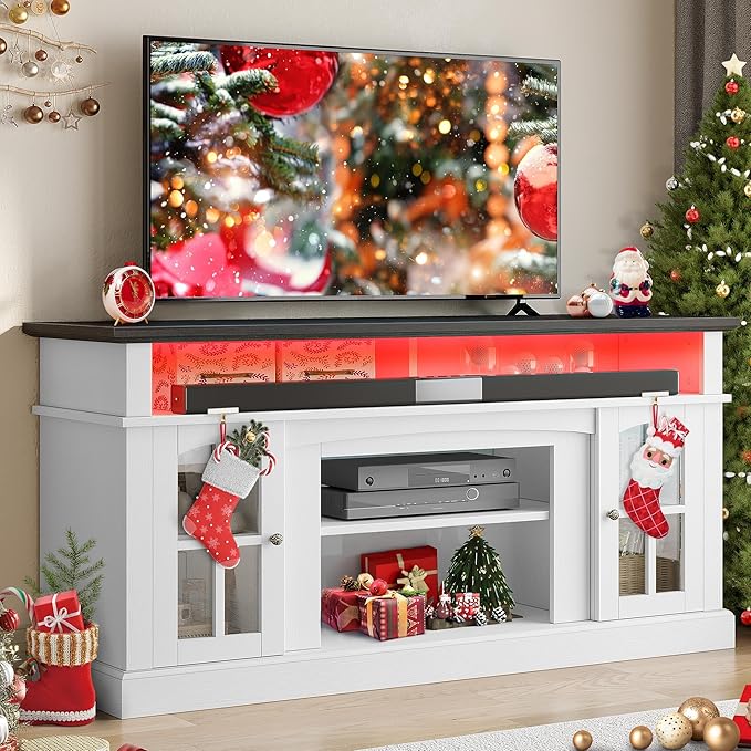 YITAHOME LED Farmhouse TV Stand for 65 Inch w/Outlets, Modern Entertainment Center with Glass Doors and Adjustable Storage Shelves, Media Console TV Cabinet for for Living Room, White/Black