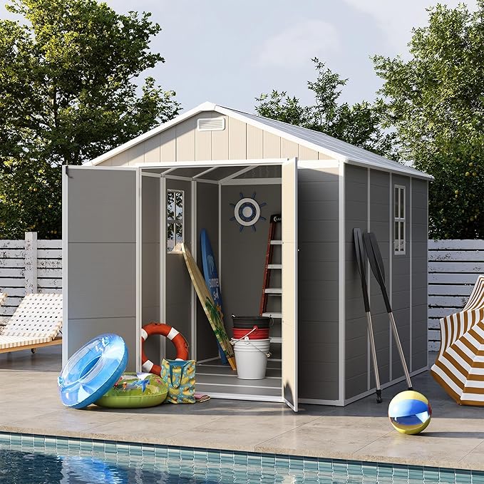 UDPATIO Outdoor Storage Shed 8 x 8 FT, Resin Garden Sheds Plastic Patio Outdoor Storage with Lockable Door for Tool, Bike, Garbage Can Gray White