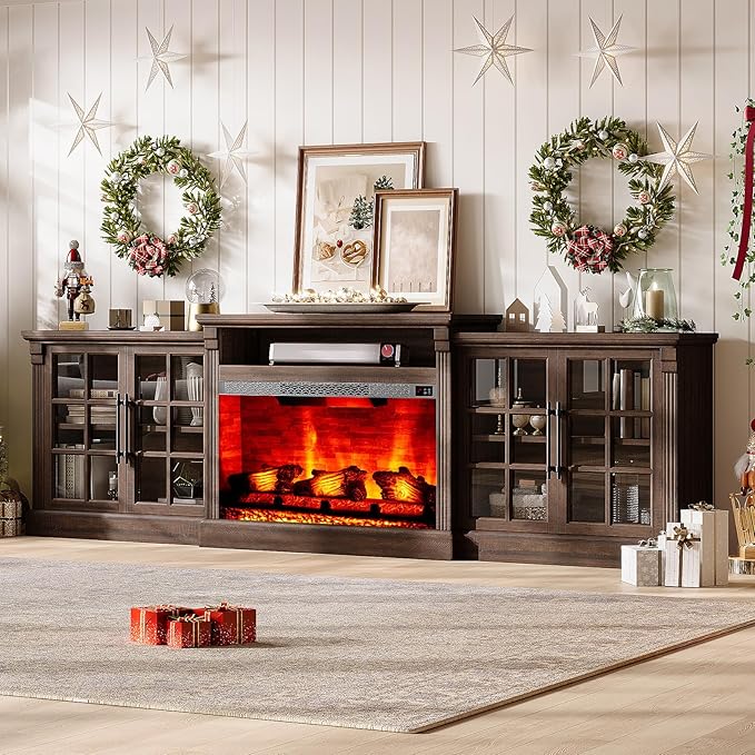 97" Farmhouse TV Stand with 33" Fireplace for TVs up to 100", Media Entertainment Center with Large Storage Cabinet and Adjustable Shelves for Living Room, Rustic Brown