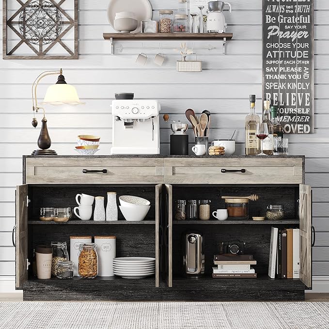 64" Wide Large TV Stand for Bedroom, Entertainment Center with Storage Cabinets Rustic Farmhouse Style TV Console Table with Barn Doors and 2 Drawers