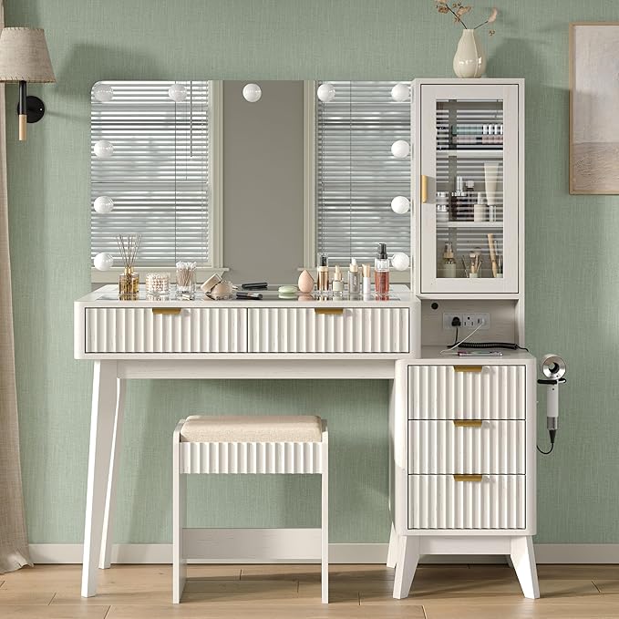Fluted Makeup Vanity Desk with 36" 11 LED Lights Mirror, 48" Big Modern Vanity Desk with 5 Drawers and Storage Shelves & Power Outlet, Glass Top for Bedroom, White