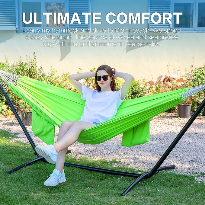 PNAEUT Double Hammocks with Stand for Outside, Portable Space Saving Heavy-Duty Steel Stand for Indoor Outdoor Patio with Carrying Bag, 450 lbs Capacity (Green)