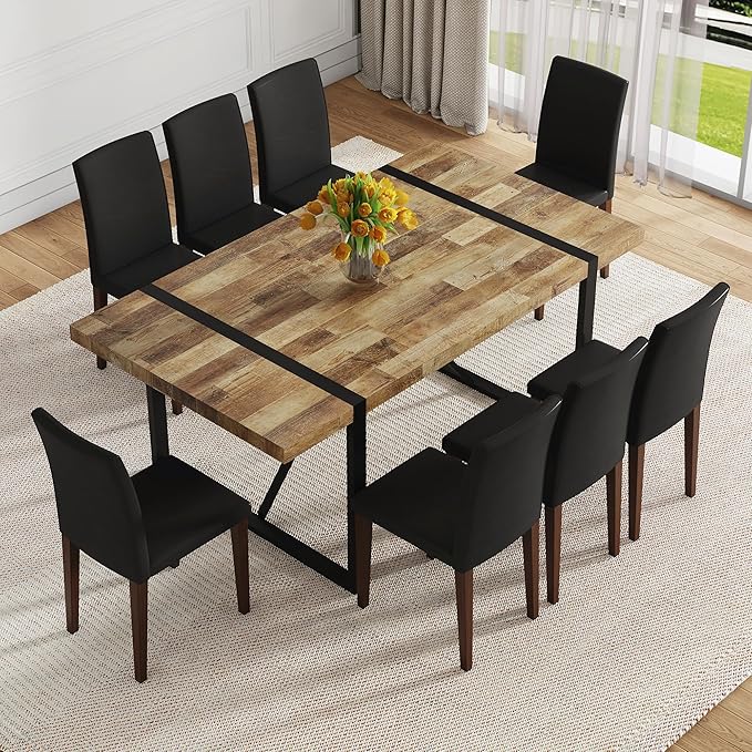 9 Piece Dining Table Set，Dining Room Table Set for 8，71'' Kitchen Table and PU Leather Chairs Set of 8，8 Chair Dining Table Set for Kitchen Dining Room