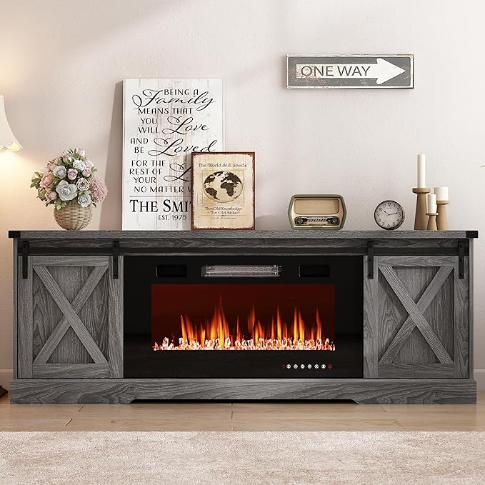 Farmhouse Fireplace TV Stand for 70/75/80 Inch TV, 70 inch Entertainment Center Storage Cabinets with 36”Electric Fireplace and Sliding Barn Doors, Media Console Cabinet for Living Room, Grey