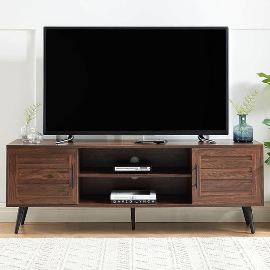 Mid Century Wooden TV Stand Entertainment Console with Open Shelving and 2 Cabinets for Televisions up to 65 Inches(Dark Walnut)
