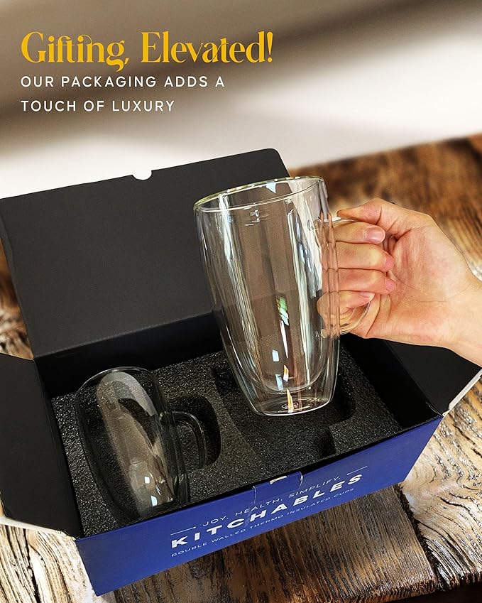 Kitchables Double Walled Glass Coffee Mugs Set of 2, 15oz - Insulated Glass Coffee Mugs for Cappuccino, Latte, Tea, Espresso - Latte Cup - Tazas Para Cafe