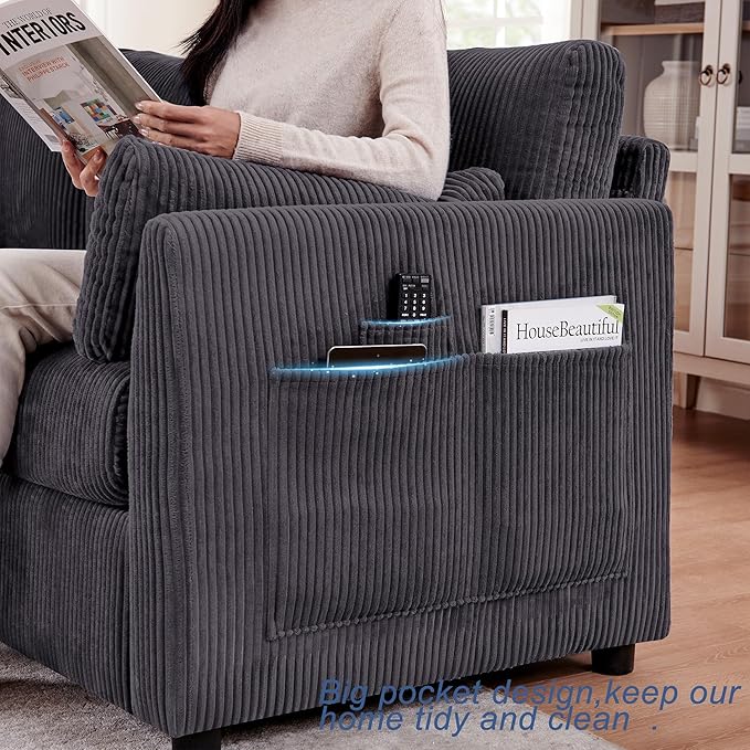 Sofa Set for Living Room Corduroy Couch Sets 3 Seater and Single Chair, Sofas for Apartment and Small Spaces .(Grey, Sofa Set)