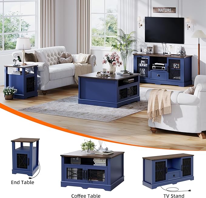 Entertainment Center Blue TV Stand with Charging Station Modern 55'' Television Stand Console with Adjustable Storage Shelves, Rustic Media Storage Cabinet for Living Room and Bedroom