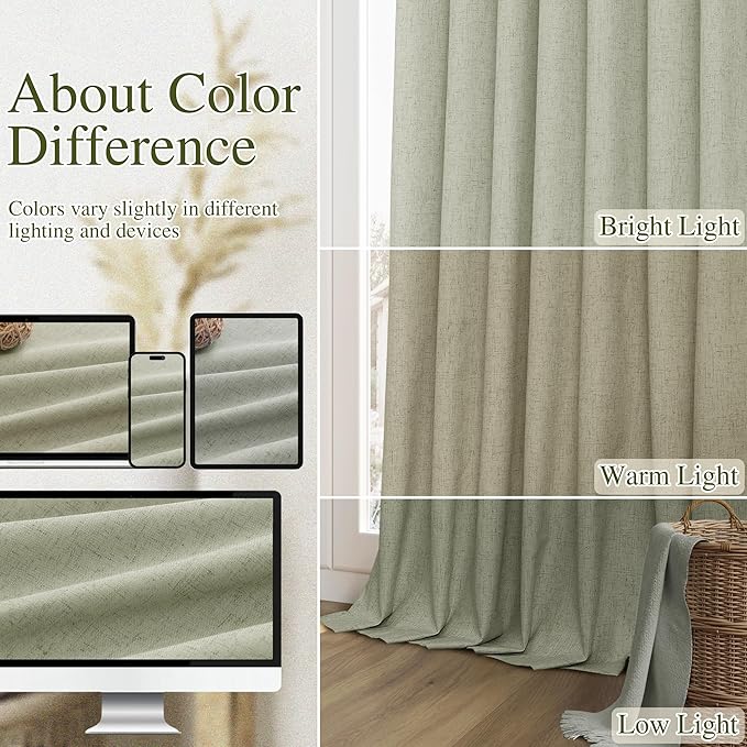 Guken 100% Blackout Linen Curtains 42 Inch Wide by 80 Inch 2 Panels Set for Living Room Bedroom Back Tab Thermal Insulated Black Out Linen Drapes Room Darkening Window Curtains, Sage Green