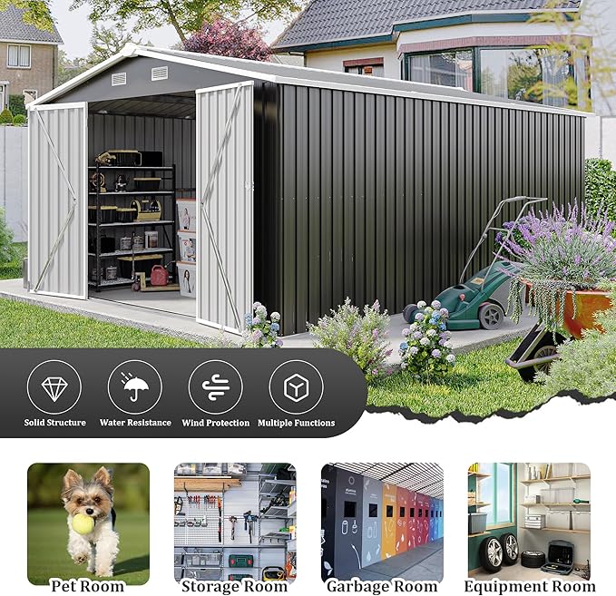 10 x 14 FT Outdoor Storage Shed, Metal Garden Tool Shed with Slooping Roof, Lockable Doors, All-Weather Bike Shed Easy to Assemble for Backyard, Patio, Lawn, Black+Grey