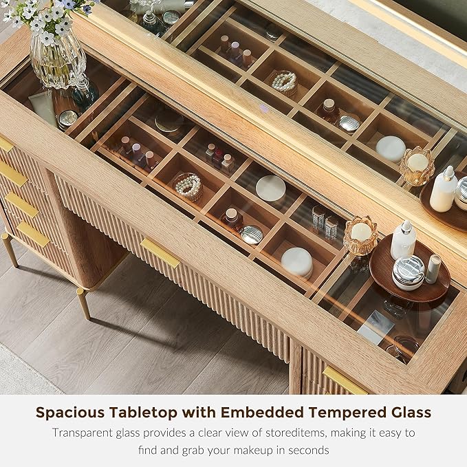 T4TREAM 48" Fluted Makeup Vanity Desk with 48" Large Mirror and HD Lights, Modern Vanity Table with 9 Drawers & Charging Station, Glass Top and Golden Handles Dressing Table for Bedroom,Natural Oak