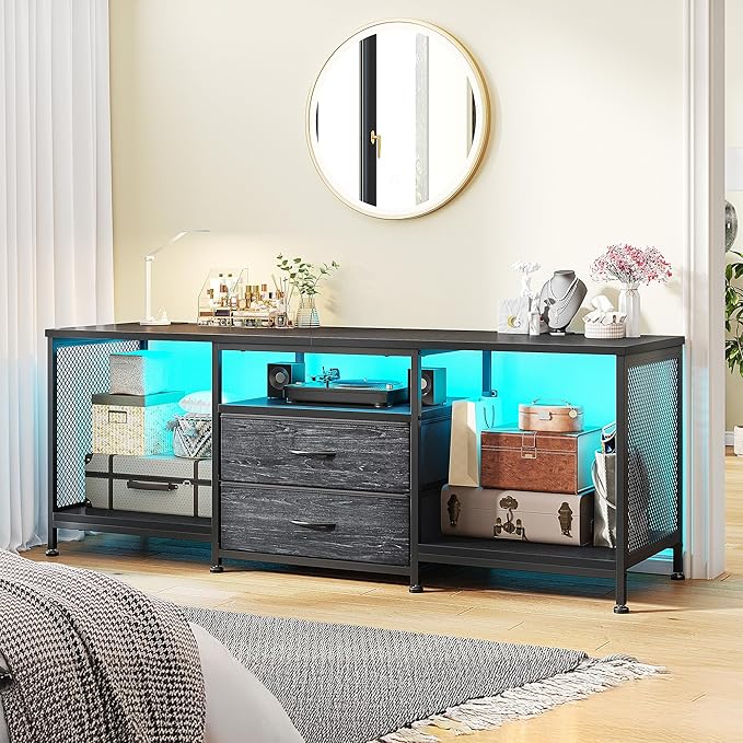 55" W TV Stand for Bedroom with LED Lights & Power Outlets Dresser TV Stand with 2 Drawers for 65" TV with Open Storage Shelves