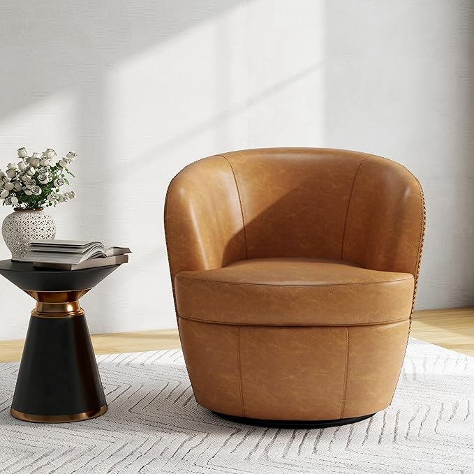 Swivel Barrel Chair, Modern Round PU Leather Accent Armchair for Living Room, Bedroom, Comfy Club Reading Chairs for Adults (Leather Light Brown, Set of 2)