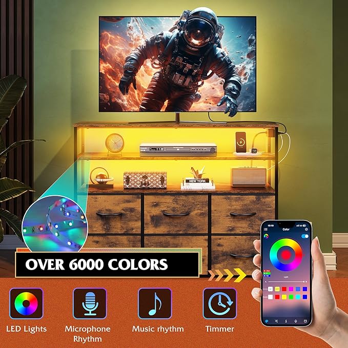 WLIVE TV Stand for 40, 45 inch TV, Entertainment Center with LED Lights & Charging Station, TV Media Console Table with 6 Fabric Drawers and Open Shelves for Living Room, Hallway, Rustic Brown