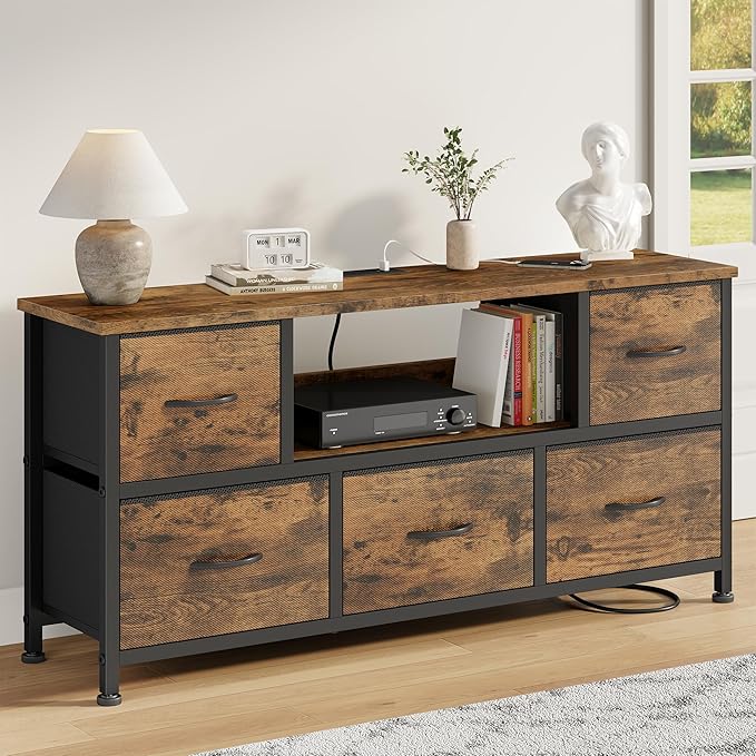 Lulive TV Stand for Living Room, LED Rustic Brown Dresser for Bedroom with 5 Fabric Drawers,43 55in TV Stand with Power Outlet, Entertainment Center with Open Shelf