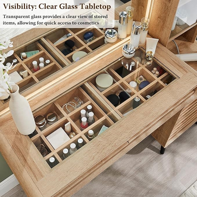 Fluted Makeup Vanity Desk with Large 35" HD Lighted Mirror, 48" Mid Century Modern Glass Top Vanity Table with 5 Drawers & Adjustable Shelf, Dressing Table w/Charging Station for Bedroom, Natural Oak