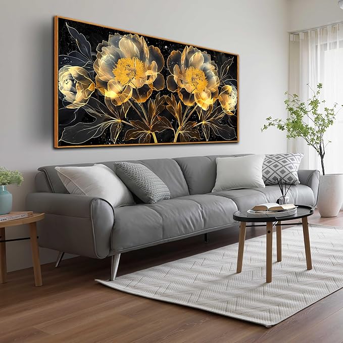 Abstract Flower Wall Art for Bedroom Women - Black and Gold Canvas Wall Art with Wooden Framed Size 29" x 59"