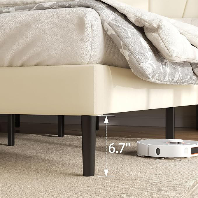 King Bed Frame with Headboard and Wingback, Velvet Upholstered Platform Bed, Mattress Foundation with Wooden Slat Support, No Box Spring Needed, Easy Assembly, Noise Free, Beige