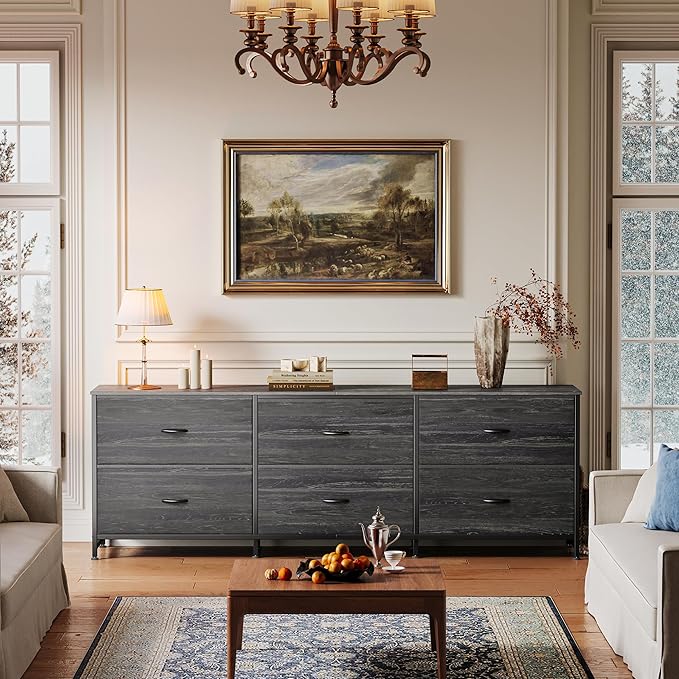 Huuger 63 Inch Long Dresser for Bedroom, TV Stand for 55, 65, 70 Inch TV, 6 Drawer Dresser for Closet with Fabric Drawers, Storage Organizer for Bedroom, Entryway, Charcoal Black Wood Grain Print