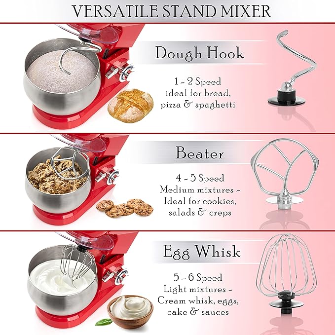 Moss & Stone Stand Mixer, 6 Speed Electric Mixer With 5.5 Quart Stainless Steel Mixing Bowl, Red Body Kitchen Mixer With Dough Hook, Whisk, Beater & Baking Spatula, Classic Food Mixer