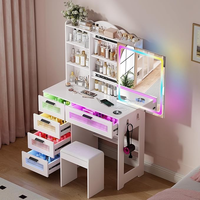Vanity Desk with Sliding Vanity Mirror and RGB Lights,Makeup Vanity Desk with Charging Station,LED Vanity Table with Hidden Storage,Dressing Table Set with Stool&5 Drawers for Bedroom,White