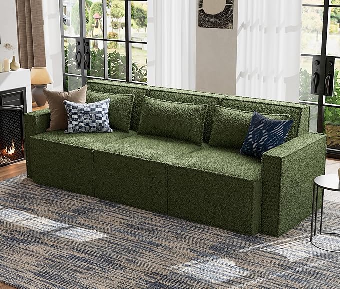 ELUCHANG 93" Modular Sectional Sofa Couch, 3 Seater Large Sectional Couches for Living Room, Modern Boucle Oversized Couch, Comfy Deep Seat Home Sofas Set, Green