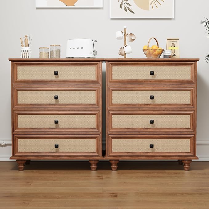 ORRD 4 Drawer Dresser for Bedroom, Mid Century Modern Wide Wood Rustic Chest of Drawers Wooden Storage Organizer Dressers with Burlap Rattan Drawers for Living Room, Hallway Closet, Entryway, Walnut