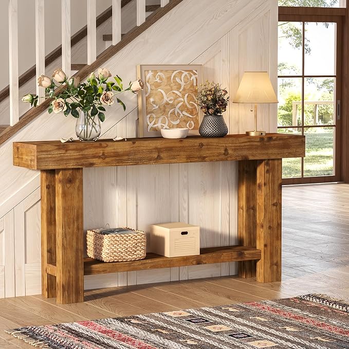 63-Inch Solid Wood Long Console Table, Farmhouse Narrow Entryway Sofa Table with 2-Tier Storage, for Living Room, Hallway, Entrance, Foyer, Rustic Brown