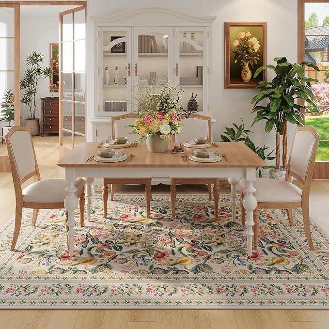 Area Rugs 8x10 for Living Room Clearance Washable Vintage Floral Rug Non Slip Low Pile Large Rug for Bedroom, Farmhouse, Dining Room, Kids Playroom, Beige