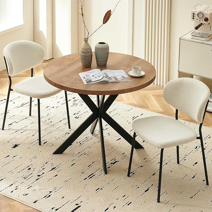 Round Dining Table Set for 2, Modern 3-Piece Kitchen Dining Room Table Set, 37" Round MDF Living Coffee Table with 2 Seated Boucle Dining Chairs Upholstered, Metal Legs for Dining Hall