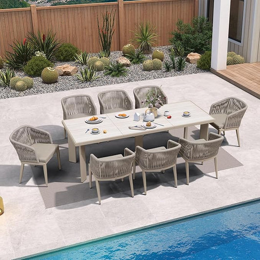 PURPLE LEAF 9 Pieces Outdoor Dining Set Patio Table and Chairs Set Aluminum Rattan Wicker Patio Furniture Set for Lawn Backyard Deck Champagne