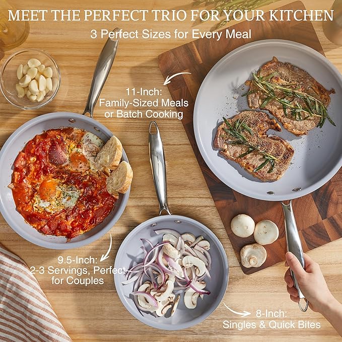 KITEXPERT Non Stick Frying Pans Set, Titanium Ceramic Pan Skillet Set Non Toxic, 8" 9.5" 11" Nonstick Frying Pan, Stainless Steel Handle, Dishwasher & Oven Safe, PFAS & PTFE & PFOA Free, Grey