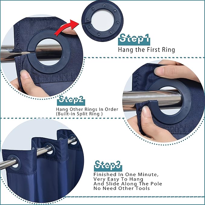 Extra Long No Hook Shower Curtain with Snap in Liner Set, Hotel Luxury Dark Blue Fabric Shower Curtains for Bathroom with See Through Top Window, Washable, Waterproof 71W x 84H