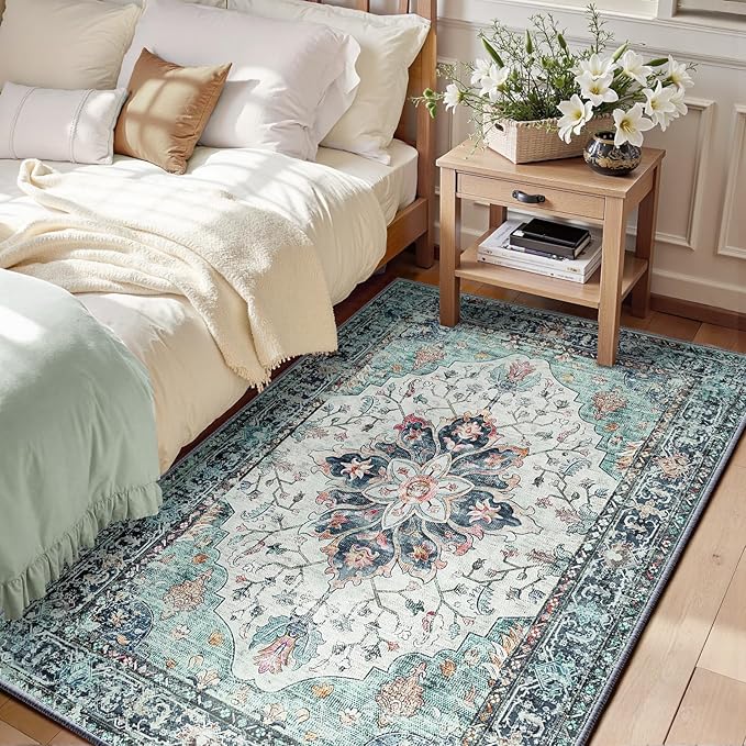 Area Rugs 3'x5' Washable Non-Slip, Floral Vintage Distress Print Pattern Medallion Carpet for Living Room Bedroom Dining Room, Green Navy Blue White Red Teal Colorful