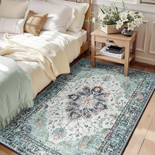 Area Rugs 3'x5' Washable Non-Slip, Floral Vintage Distress Print Pattern Medallion Carpet for Living Room Bedroom Dining Room, Green Navy Blue White Red Teal Colorful